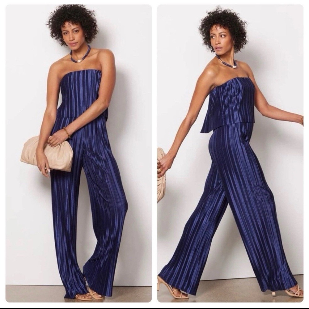 Plissé Pleated Jumpsuit Women Navy Blue Wide Leg Metallic Strapless Evening